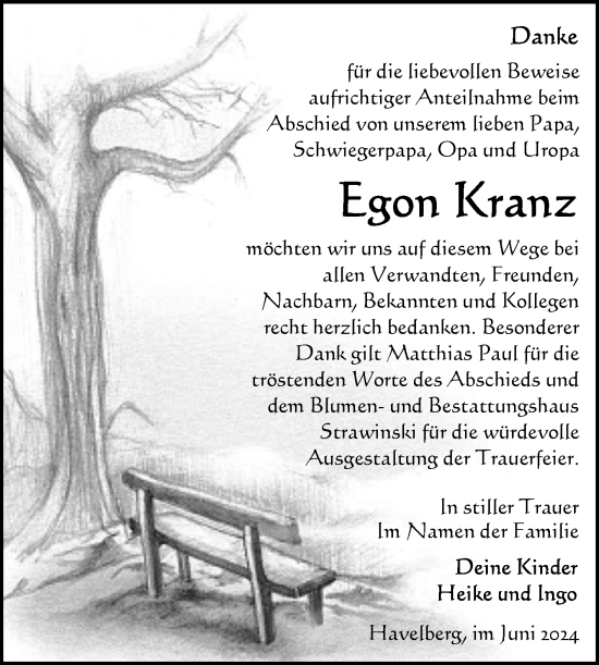 Traueranzeige von Egon Kranz von Volksstimme Altmark Ost