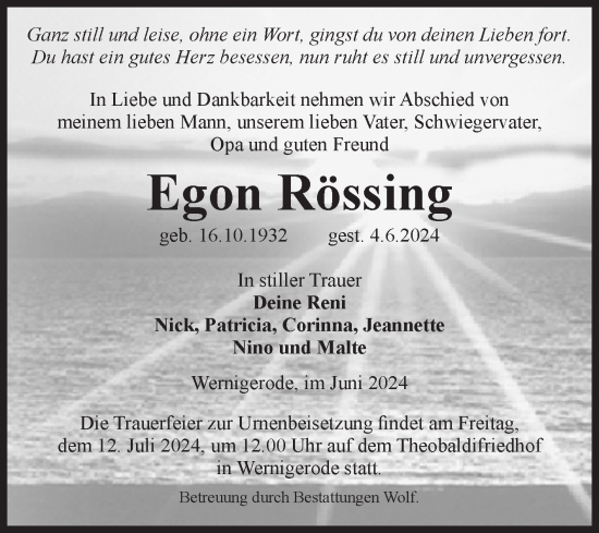 Traueranzeige von Egon Rössing von Volksstimme Wernigerode