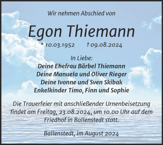 Traueranzeige von Egon Thiemann von Trauerkombi Quedlinburg