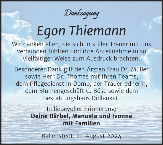 Traueranzeige von Egon Thiemann von Trauerkombi Quedlinburg