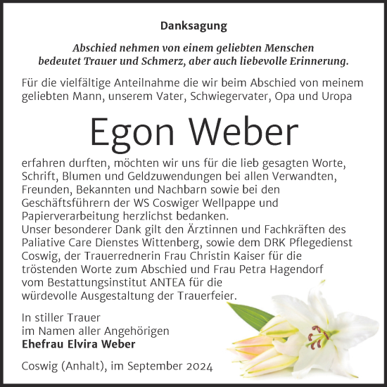 Traueranzeige von Egon Weber von Trauerkombi Wittenberg