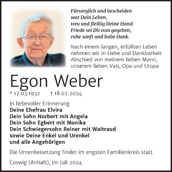 Traueranzeige von Egon Weber von Trauerkombi Wittenberg