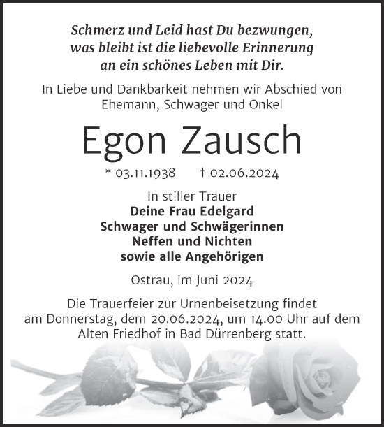 Traueranzeige von Egon Zausch von Trauerkombi Merseburg