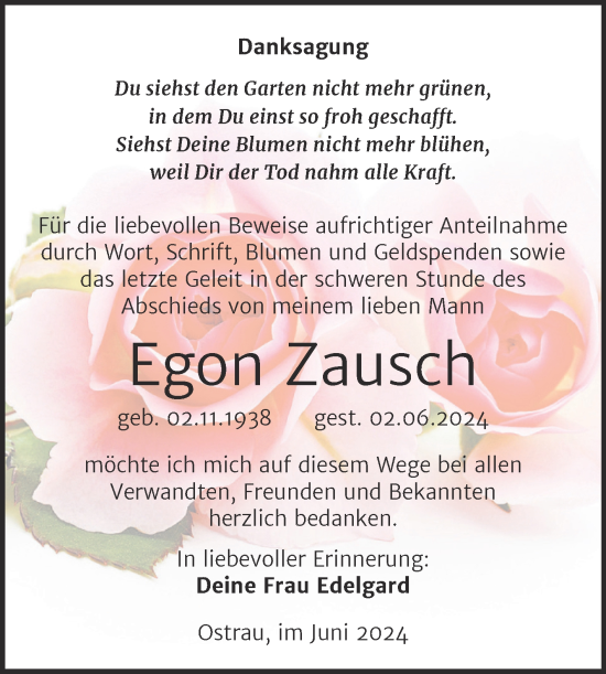 Traueranzeige von Egon Zausch von Trauerkombi Merseburg