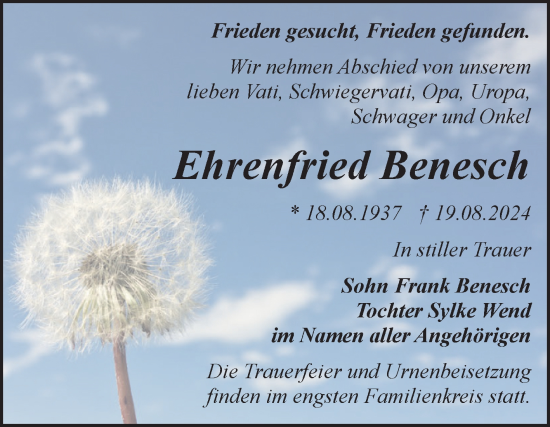 Traueranzeige von Ehrenfried Benesch von Trauerkombi Bitterfeld