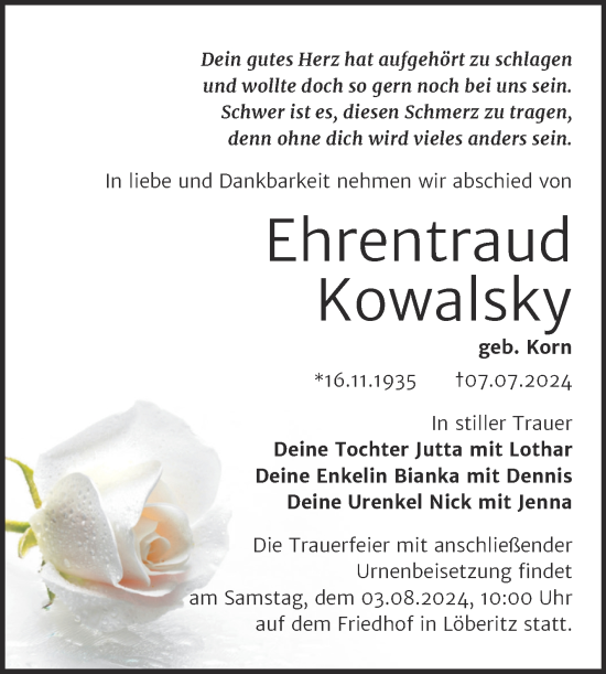 Traueranzeige von Ehrentraud Kowalsky von Trauerkombi Bitterfeld