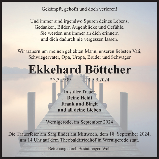 Traueranzeige von Ekkehard Böttcher von Volksstimme Wernigerode