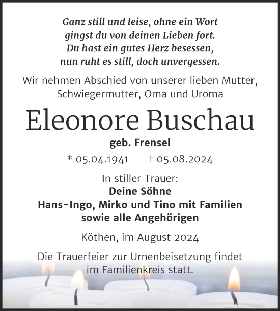 Traueranzeige von Eleonore Buschau von Trauerkombi Köthen