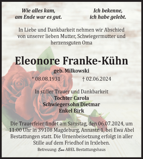 Traueranzeige von Eleonore Franke-Kühn von Volksstimme Magdeburg