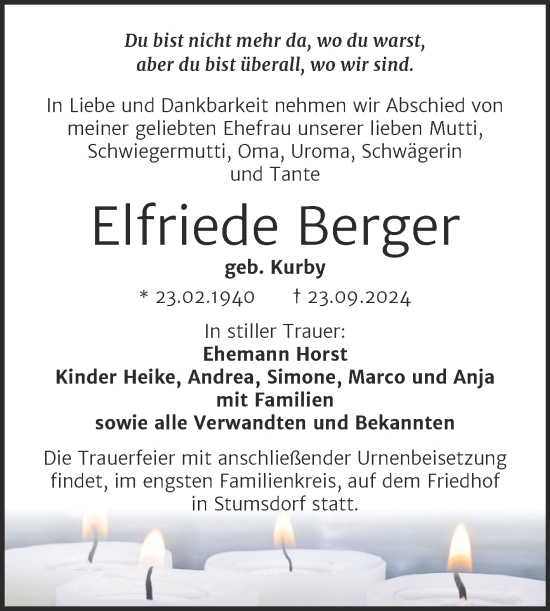 Traueranzeige von Elfriede Berger von Trauerkombi Bitterfeld