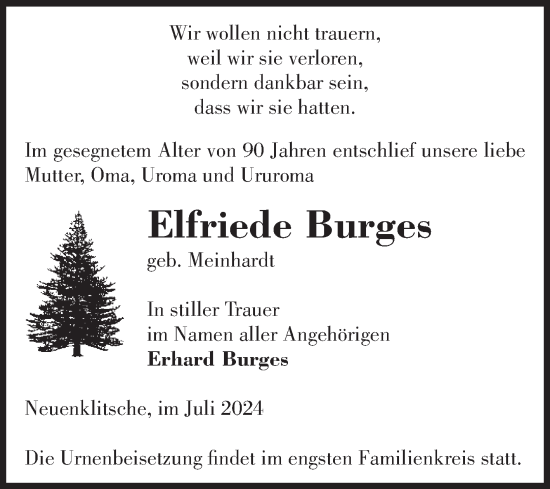 Traueranzeige von Elfriede Burges von Volksstimme Burg/Genthin
