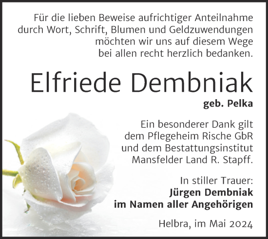 Traueranzeige von Elfriede Dembniak von Trauerkombi Mansfelder Land