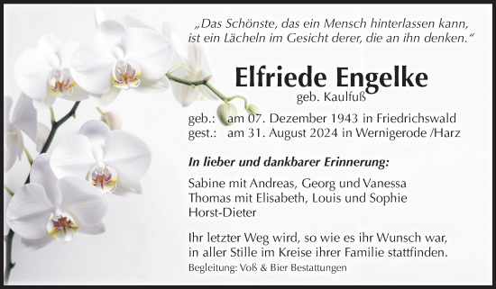 Traueranzeige von Elfriede Engelke von Volksstimme Wernigerode