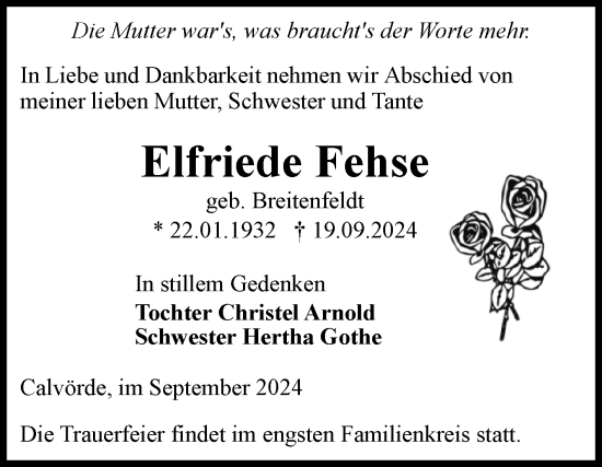 Traueranzeige von Elfriede Fehse von Volksstimme Haldensleben/Wolmirstedt