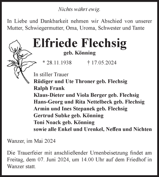Traueranzeige von Elfriede Flechsig von Volksstimme Altmark Ost