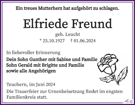 Traueranzeige von Elfriede Freund von Trauerkombi Weißenfels