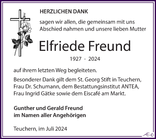 Traueranzeige von Elfriede Freund von Trauerkombi Weißenfels