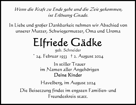 Traueranzeige von Elfriede Gädke von Volksstimme Altmark Ost