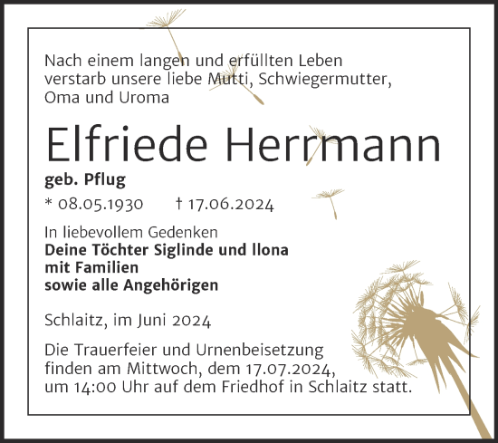 Traueranzeige von Elfriede Herrmann von Trauerkombi Bitterfeld