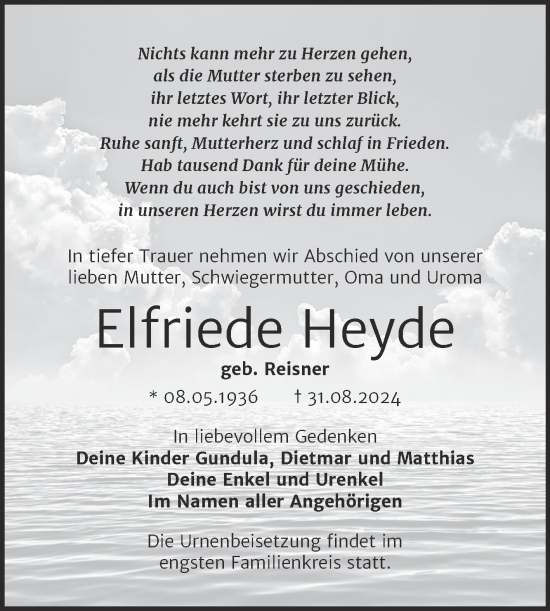 Traueranzeige von Elfriede Heyde von Trauerkombi Merseburg