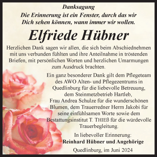 Traueranzeige von Elfriede Hübner von Trauerkombi Quedlinburg