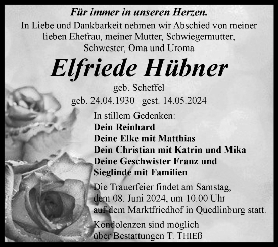 Traueranzeige von Elfriede Hübner von Trauerkombi Quedlinburg