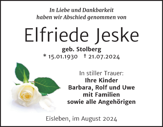 Traueranzeige von Elfriede Jeske von Trauerkombi Mansfelder Land