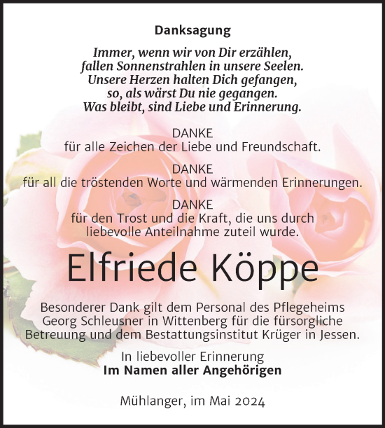 Traueranzeige von Elfriede Köppe von Super Sonntag Wittenberg