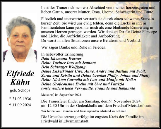Traueranzeige von Elfriede Kühn von Trauerkombi Aschersleben