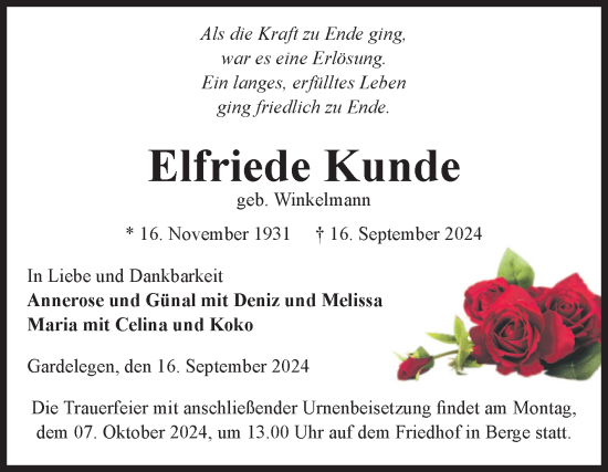 Traueranzeige von Elfriede Kunde von Volksstimme Altmark West