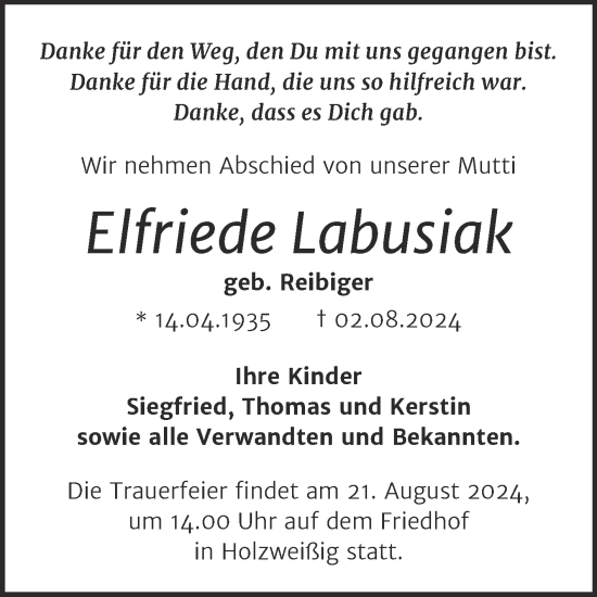 Traueranzeige von Elfriede Labusiak von Trauerkombi Bitterfeld