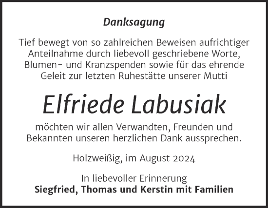 Traueranzeige von Elfriede Labusiak von Trauerkombi Bitterfeld