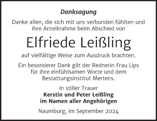 Traueranzeige von Elfriede Leißling von Super Sonntag Naumburg/Nebra