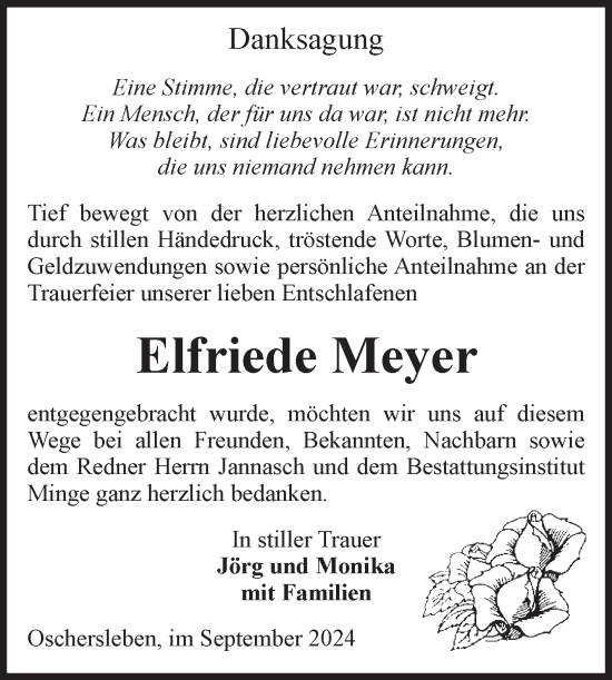 Traueranzeige von Elfriede Meyer von Volksstimme Oschersleben/Wanzleben