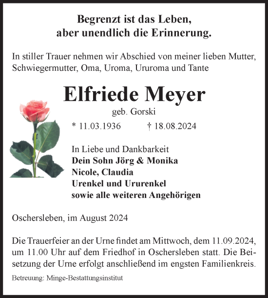 Traueranzeige von Elfriede Meyer von Volksstimme Oschersleben/Wanzleben