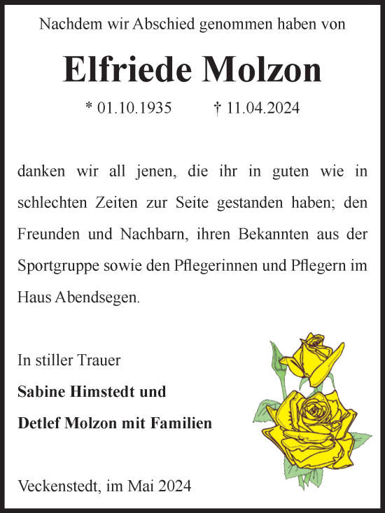 Traueranzeige von Elfriede Molzon von Volksstimme Wernigerode