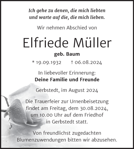 Traueranzeige von Elfriede Müller von Trauerkombi Mansfelder Land