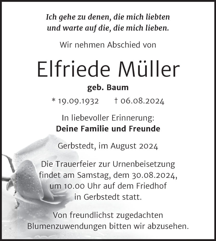 Traueranzeige für Elfriede Müller vom 16.08.2024 aus Trauerkombi Mansfelder Land