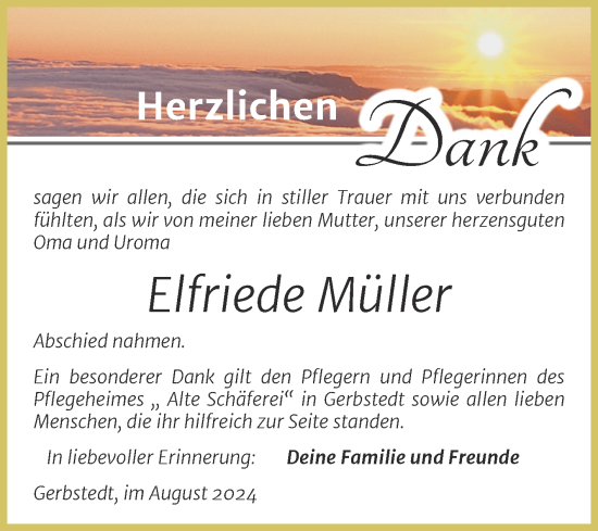 Traueranzeige von Elfriede Müller von Trauerkombi Mansfelder Land