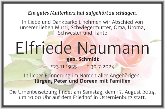Traueranzeige von Elfriede Naumann von Trauerkombi Köthen