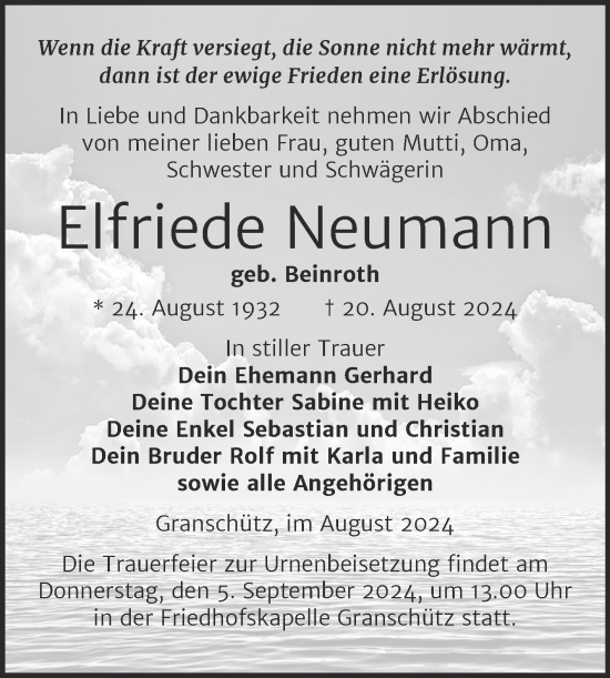 Traueranzeige von Elfriede Neumann von Trauerkombi Weißenfels