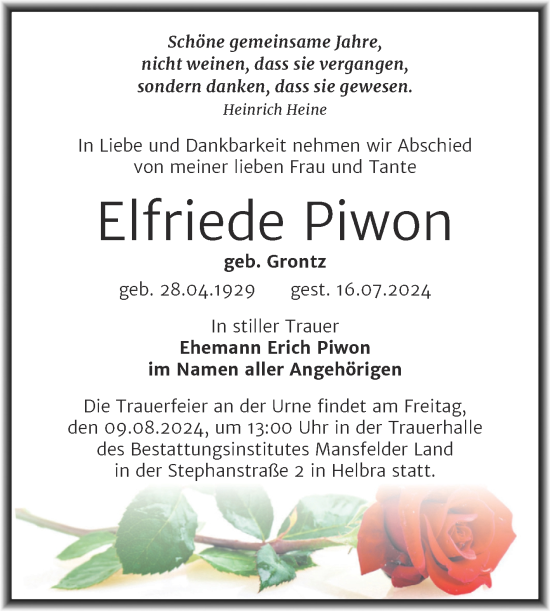 Traueranzeige von Elfriede Piwon von Trauerkombi Mansfelder Land
