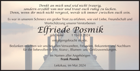 Traueranzeige von Elfriede Posmik von Volksstimme Zerbst