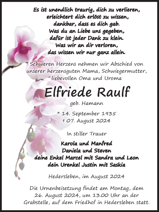 Traueranzeige von Elfriede Raulf von Trauerkombi Quedlinburg