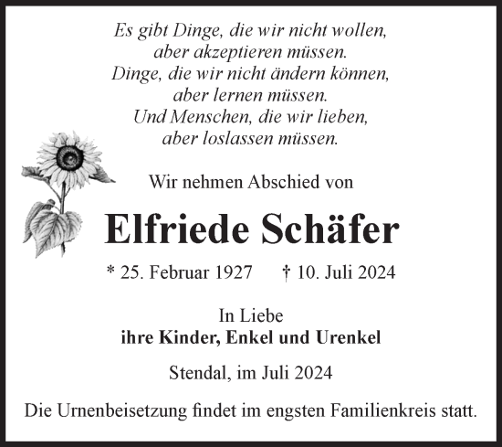Traueranzeige von Elfriede Schäfer von Volksstimme Altmark Ost