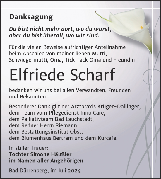 Traueranzeige von Elfriede Scharf von Trauerkombi Merseburg