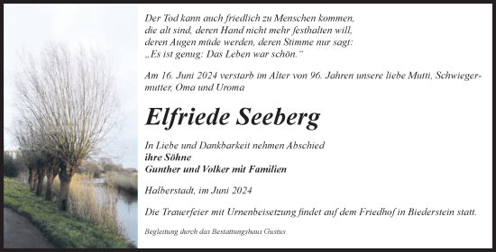Traueranzeige von Elfriede Seeberg von Volksstimme Halberstadt