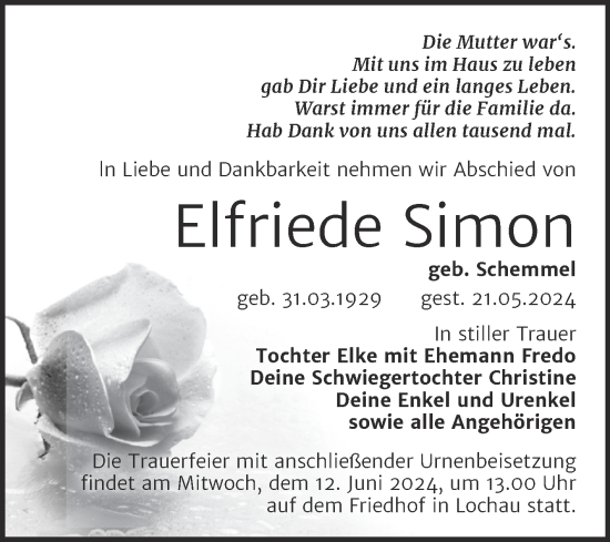 Traueranzeige von Elfriede Simon von Trauerkombi Merseburg