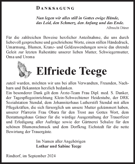 Traueranzeige von Elfriede Teege von Volksstimme Altmark Ost