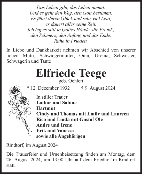 Traueranzeige von Elfriede Teege von Volksstimme Altmark Ost